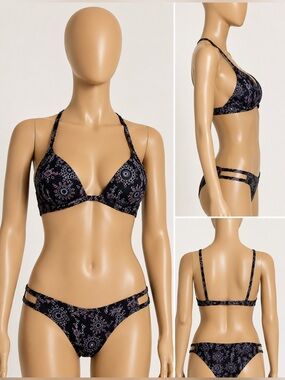 Ramy Brook Bikini Set Bali Print Black Boho Swim Top XXS Bottoms Medium Strappy